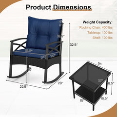 3 Piece Outdoor Rattan Rocking Chair Set, 2 Rockers Rated 400 lb with 4 in Navy Cushions and 2 Tier Side Table
