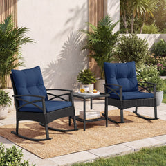 3 Piece Outdoor Rattan Rocking Chair Set, 2 Rockers Rated 400 lb with 4 in Navy Cushions and 2 Tier Side Table