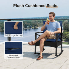 3 Piece Outdoor Rattan Rocking Chair Set, 2 Rockers Rated 400 lb with 4 in Navy Cushions and 2 Tier Side Table