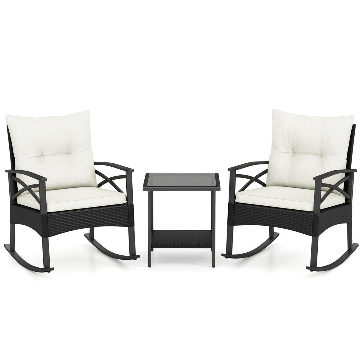 3 Piece Outdoor Rattan Rocking Chair Set, 2 Rockers Rated 400 lb with 4 in Cream Cushions and 2 Tier Side Table