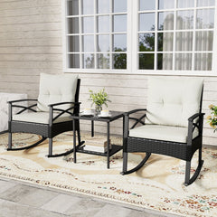 3 Piece Outdoor Rattan Rocking Chair Set, 2 Rockers Rated 400 lb with 4 in Cream Cushions and 2 Tier Side Table