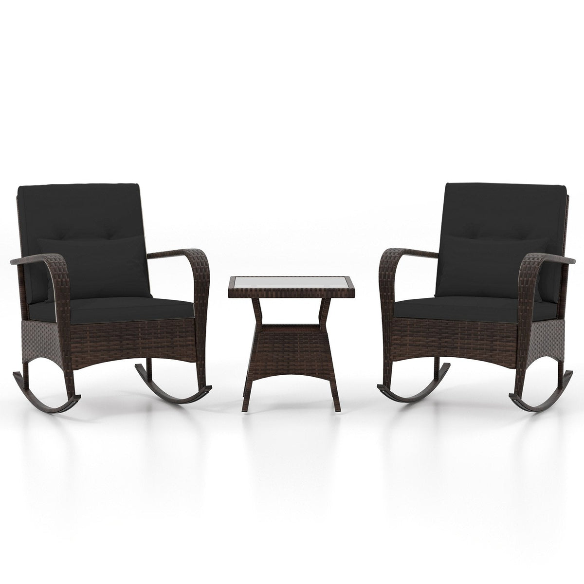 3 Piece Outdoor Rocking Set, 2 Rattan Rocking Chairs with Lumbar Pillows and 20 in Tempered Glass Coffee Table, Black Cushions