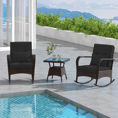 3 Piece Outdoor Rocking Set, 2 Rattan Rocking Chairs with Lumbar Pillows and 20 in Tempered Glass Coffee Table, Black Cushions