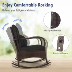 3 Piece Outdoor Rocking Set, 2 Rattan Rocking Chairs with Lumbar Pillows and 20 in Tempered Glass Coffee Table, Black Cushions