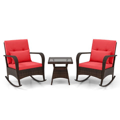 3 Piece Outdoor Rocking Set, 2 Rattan Rocking Chairs with Lumbar Pillows and 20 in Tempered Glass Coffee Table, Red Cushions