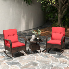 3 Piece Outdoor Rocking Set, 2 Rattan Rocking Chairs with Lumbar Pillows and 20 in Tempered Glass Coffee Table, Red Cushions