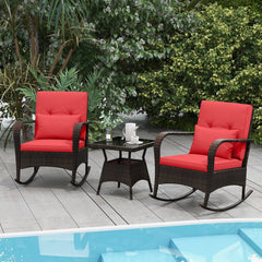 3 Piece Outdoor Rocking Set, 2 Rattan Rocking Chairs with Lumbar Pillows and 20 in Tempered Glass Coffee Table, Red Cushions