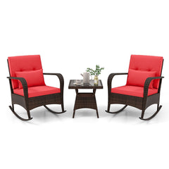 3 Piece Outdoor Rocking Set, 2 Rattan Rocking Chairs with Lumbar Pillows and 20 in Tempered Glass Coffee Table, Red Cushions