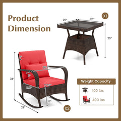 3 Piece Outdoor Rocking Set, 2 Rattan Rocking Chairs with Lumbar Pillows and 20 in Tempered Glass Coffee Table, Red Cushions