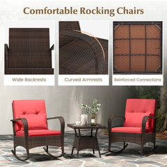 3 Piece Outdoor Rocking Set, 2 Rattan Rocking Chairs with Lumbar Pillows and 20 in Tempered Glass Coffee Table, Red Cushions