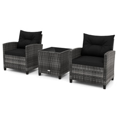 3 Piece Outdoor Wicker Conversation Set, 2 Sofas Rated 400 lb with Black Cushions and 18 in Table with a 5 mm Tempered Glass Top