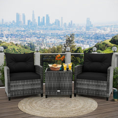 3 Piece Outdoor Wicker Conversation Set, 2 Sofas Rated 400 lb with Black Cushions and 18 in Table with a 5 mm Tempered Glass Top