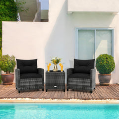 3 Piece Outdoor Wicker Conversation Set, 2 Sofas Rated 400 lb with Black Cushions and 18 in Table with a 5 mm Tempered Glass Top
