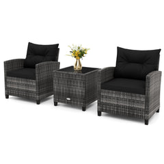 3 Piece Outdoor Wicker Conversation Set, 2 Sofas Rated 400 lb with Black Cushions and 18 in Table with a 5 mm Tempered Glass Top