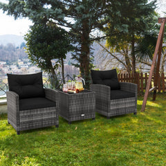 3 Piece Outdoor Wicker Conversation Set, 2 Sofas Rated 400 lb with Black Cushions and 18 in Table with a 5 mm Tempered Glass Top