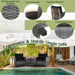 3 Piece Outdoor Wicker Conversation Set, 2 Sofas Rated 400 lb with Black Cushions and 18 in Table with a 5 mm Tempered Glass Top