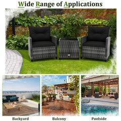 3 Piece Outdoor Wicker Conversation Set, 2 Sofas Rated 400 lb with Black Cushions and 18 in Table with a 5 mm Tempered Glass Top