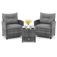 3 Piece Outdoor Wicker Conversation Set, 2 Sofas Rated 400 lb with Grey Cushions and 18 in Table with a 5 mm Tempered Glass Top
