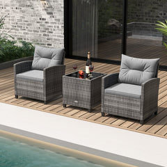 3 Piece Outdoor Wicker Conversation Set, 2 Sofas Rated 400 lb with Grey Cushions and 18 in Table with a 5 mm Tempered Glass Top