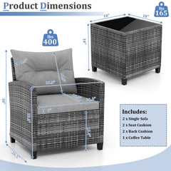 3 Piece Outdoor Wicker Conversation Set, 2 Sofas Rated 400 lb with Grey Cushions and 18 in Table with a 5 mm Tempered Glass Top