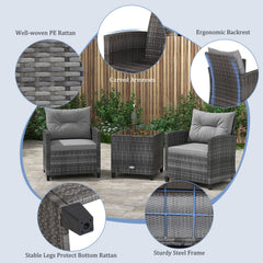 3 Piece Outdoor Wicker Conversation Set, 2 Sofas Rated 400 lb with Grey Cushions and 18 in Table with a 5 mm Tempered Glass Top