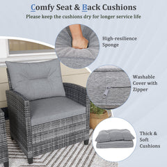 3 Piece Outdoor Wicker Conversation Set, 2 Sofas Rated 400 lb with Grey Cushions and 18 in Table with a 5 mm Tempered Glass Top