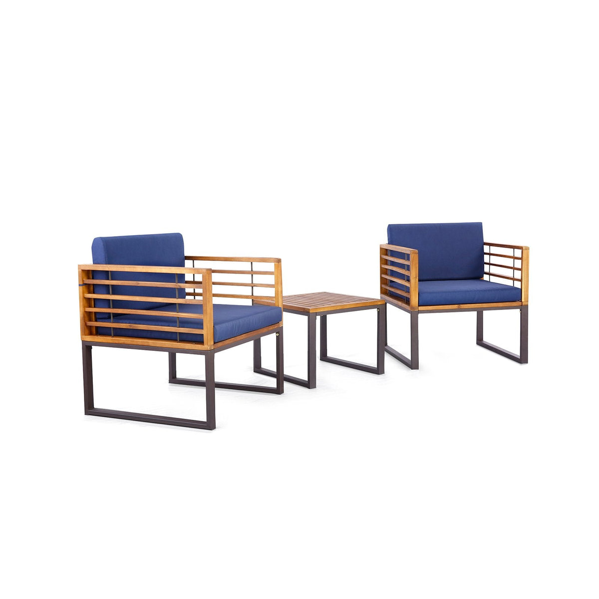 3 Piece Patio Conversation Set, 2 Metal Framed Chairs Rated 400 lb with Acacia Slat Backs, Navy Cushions on Fixing Ropes and 20 in Wood Top Table