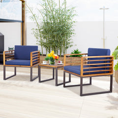 3 Piece Patio Conversation Set, 2 Metal Framed Chairs Rated 400 lb with Acacia Slat Backs, Navy Cushions on Fixing Ropes and 20 in Wood Top Table