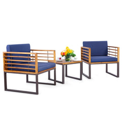 3 Piece Patio Conversation Set, 2 Metal Framed Chairs Rated 400 lb with Acacia Slat Backs, Navy Cushions on Fixing Ropes and 20 in Wood Top Table
