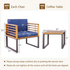 3 Piece Patio Conversation Set, 2 Metal Framed Chairs Rated 400 lb with Acacia Slat Backs, Navy Cushions on Fixing Ropes and 20 in Wood Top Table