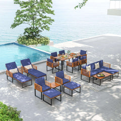3 Piece Patio Conversation Set, 2 Metal Framed Chairs Rated 400 lb with Acacia Slat Backs, Navy Cushions on Fixing Ropes and 20 in Wood Top Table