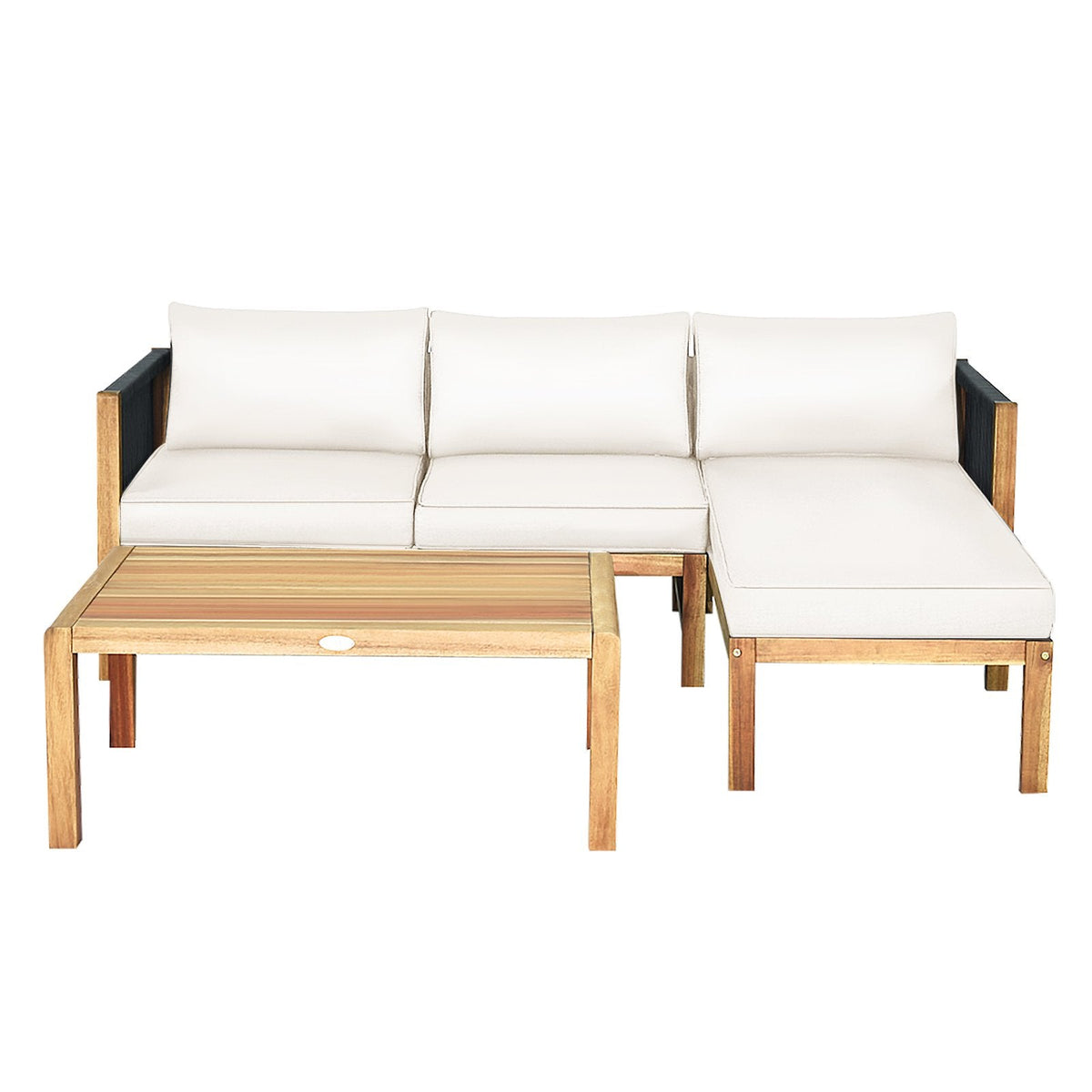 3 Piece Acacia Wood Patio Sectional Set, Loveseat, Chaise and 40 Inch Coffee Table with Rope Sides, Cream Cushions