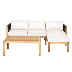 3 Piece Acacia Wood Patio Sectional Set, Loveseat, Chaise and 40 Inch Coffee Table with Rope Sides, Cream Cushions