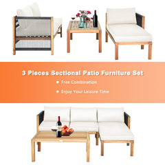 3 Piece Acacia Wood Patio Sectional Set, Loveseat, Chaise and 40 Inch Coffee Table with Rope Sides, Cream Cushions