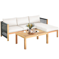 3 Piece Acacia Wood Patio Sectional Set, Loveseat, Chaise and 40 Inch Coffee Table with Rope Sides, Cream Cushions