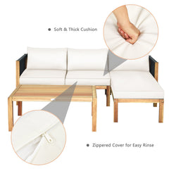 3 Piece Acacia Wood Patio Sectional Set, Loveseat, Chaise and 40 Inch Coffee Table with Rope Sides, Cream Cushions