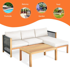 3 Piece Acacia Wood Patio Sectional Set, Loveseat, Chaise and 40 Inch Coffee Table with Rope Sides, Cream Cushions