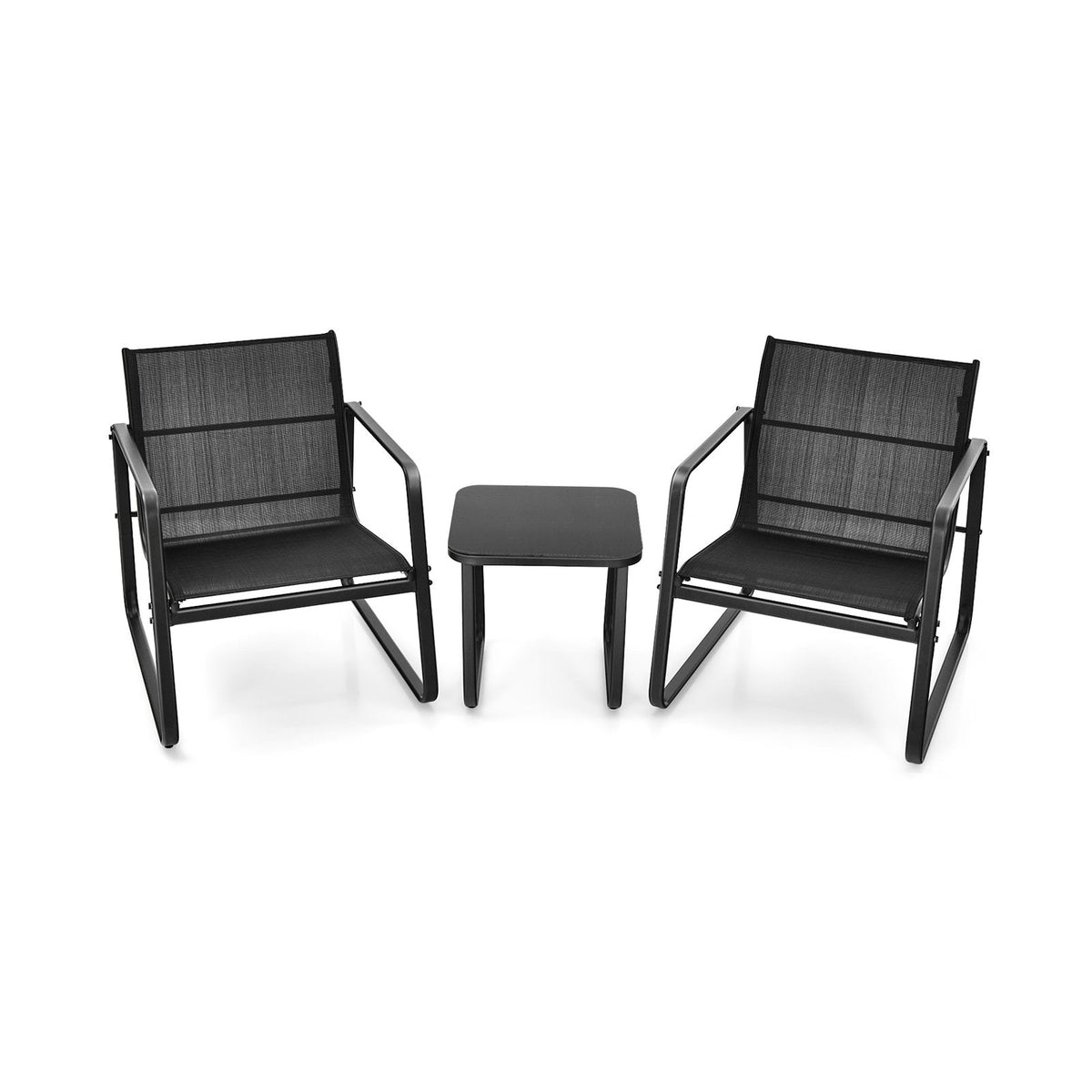 3 Piece Patio Bistro Set, 2 Sled Base Sling Chairs with Widened Seats and 17 in Tempered Glass Top Side Table, Black