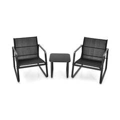 3 Piece Patio Bistro Set, 2 Sled Base Sling Chairs with Widened Seats and 17 in Tempered Glass Top Side Table, Black