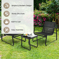 3 Piece Patio Bistro Set, 2 Sled Base Sling Chairs with Widened Seats and 17 in Tempered Glass Top Side Table, Black