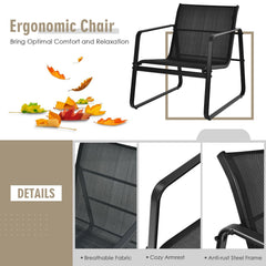 3 Piece Patio Bistro Set, 2 Sled Base Sling Chairs with Widened Seats and 17 in Tempered Glass Top Side Table, Black