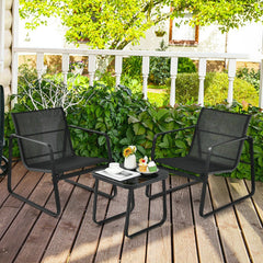 3 Piece Patio Bistro Set, 2 Sled Base Sling Chairs with Widened Seats and 17 in Tempered Glass Top Side Table, Black