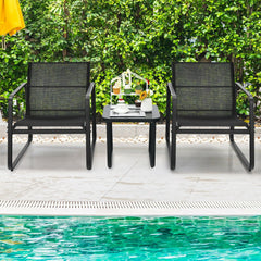 3 Piece Patio Bistro Set, 2 Sled Base Sling Chairs with Widened Seats and 17 in Tempered Glass Top Side Table, Black