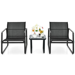 3 Piece Patio Bistro Set, 2 Sled Base Sling Chairs with Widened Seats and 17 in Tempered Glass Top Side Table, Black