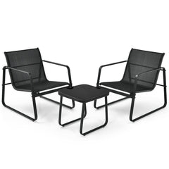 3 Piece Patio Bistro Set, 2 Sled Base Sling Chairs with Widened Seats and 17 in Tempered Glass Top Side Table, Black