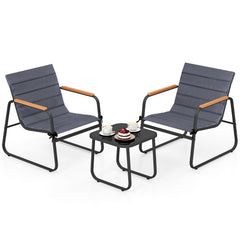 3 Piece Patio Bistro Set, 2 Sling Chairs Rated 330 lb with Removable Cushions, Wood Plastic Armrests and Glass Top Side Table, Grey