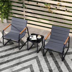 3 Piece Patio Bistro Set, 2 Sling Chairs Rated 330 lb with Removable Cushions, Wood Plastic Armrests and Glass Top Side Table, Grey