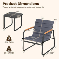 3 Piece Patio Bistro Set, 2 Sling Chairs Rated 330 lb with Removable Cushions, Wood Plastic Armrests and Glass Top Side Table, Grey