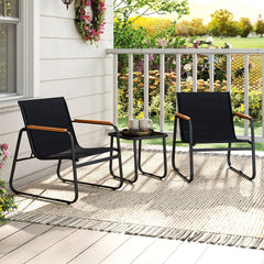 3 Piece Patio Bistro Set, 2 Sling Chairs Rated 330 lb with Removable Cushions, Wood Plastic Armrests and Glass Top Side Table, Grey