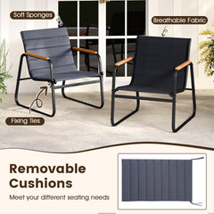 3 Piece Patio Bistro Set, 2 Sling Chairs Rated 330 lb with Removable Cushions, Wood Plastic Armrests and Glass Top Side Table, Grey
